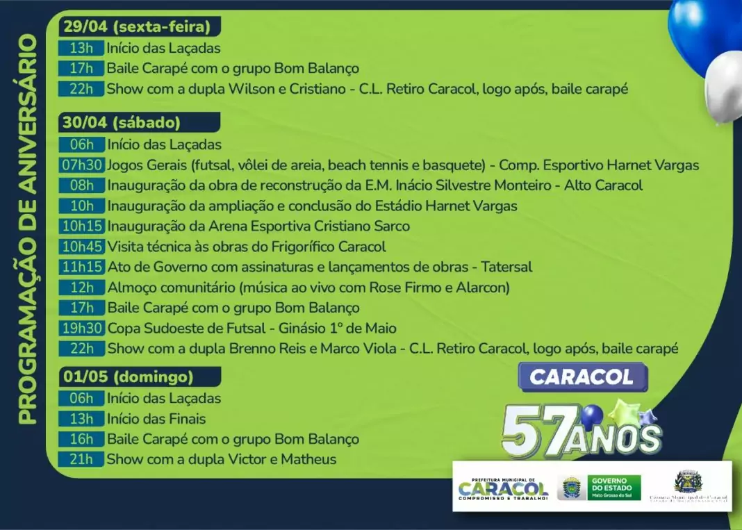 Prefeito Neco Pagliosa anuncia programação de aniversário dos 57 anos de Caracol