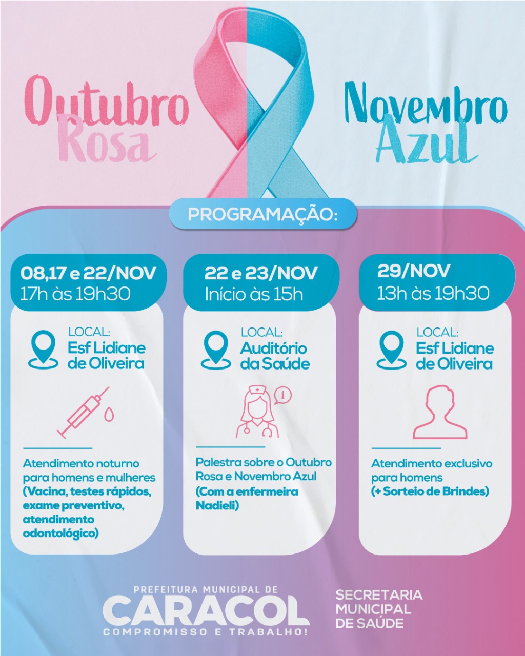 Prefeitura de Caracol inicia ações da campanha Novembro Azul; Confira a programação